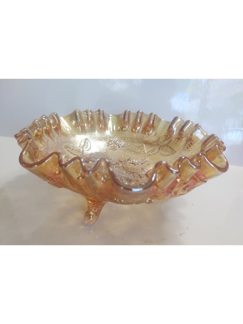 Vintage Imperial Glass Three Footed Orange Carnival Glass Bowl Rose Pattern